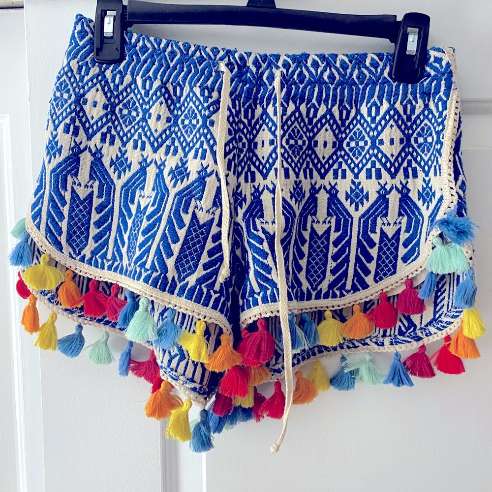 Judith March, Blue Patterned Shorts with Tassels S